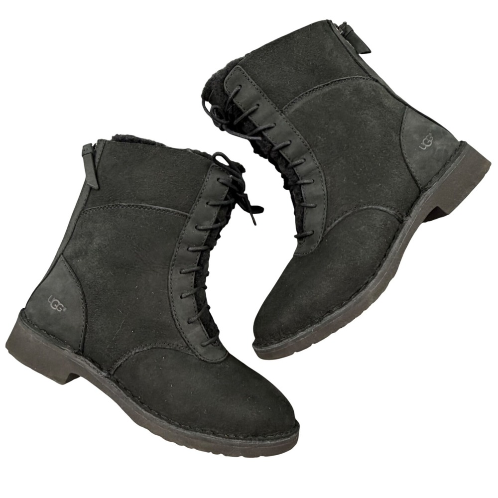 UGG Quincy Black Suede Sheepskin Lace Up Rear Zip Boots 1017507 Womens 6